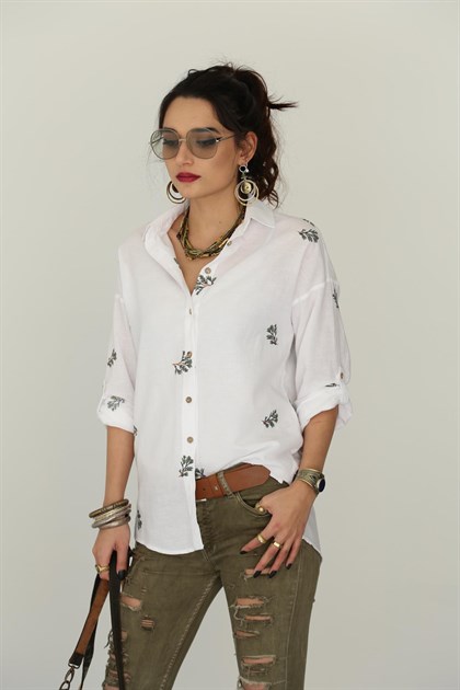 Beyaz Dal İşlemeli Kolu Apoletli Gömlek - Şaman Butik - Bohem Giyim ve  Aksesuar | Kadın & Erkek