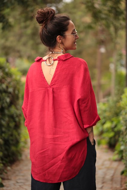 Kırmızı Arkası Halkalı Keten Gömlek - Şaman Butik Kırmızı Arkası Halkalı Keten Gömlek