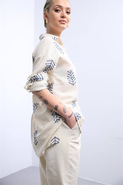 Navy Blue Floral Stitched Waist Shirt Dress - Şaman Butik Cream Patterned Pleated Back Shirt