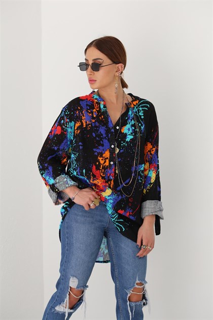 Black Mandarin Collar Splash Patterned Shirt - Şaman Butik | Shop Online Black Mandarin Collar Splash Patterned Shirt