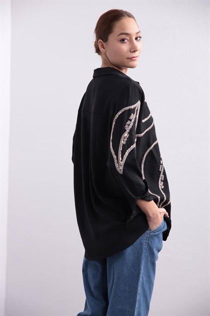 Siyah İşlemeli Payetli Gömlek - Şaman Butik - Bohem Giyim ve Aksesuar | Kadın & Erkek Siyah İşlemeli Payetli Gömlek