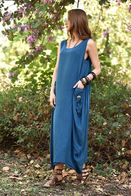 Blue Sleeveless Long Dress with Pockets - Şaman Butik | Boho Fashion