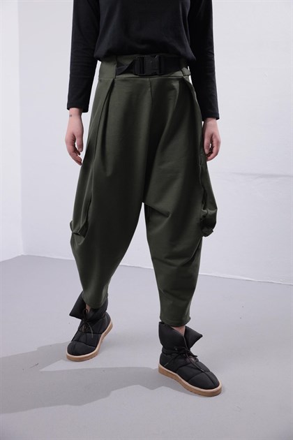 Haki Ağı Düşük Kemer Detay Şalvar Pantolon - Şaman Butik Haki Ağı Düşük Kemer Detay Şalvar Pantolon