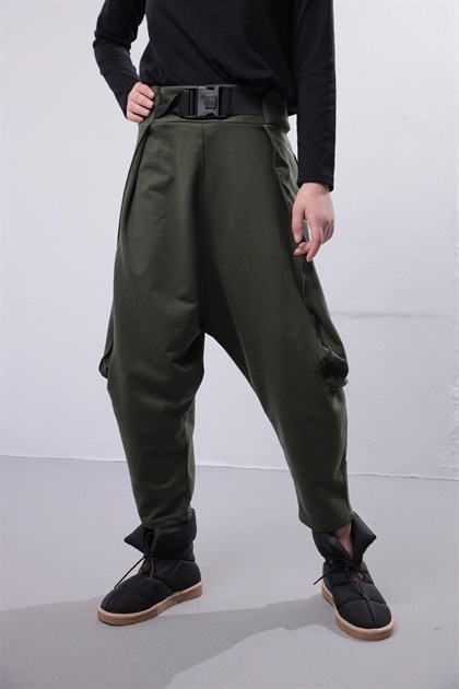 Haki Ağı Düşük Kemer Detay Şalvar Pantolon - Şaman Butik Haki Ağı Düşük Kemer Detay Şalvar Pantolon