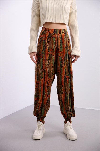 Hardal Rengi Desenli Pile Detaylı Pantolon - Şaman Butik Hardal Rengi Desenli Pile Detaylı Pantolon