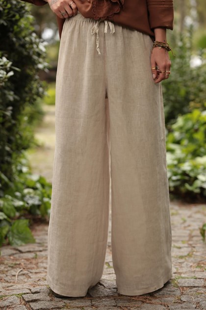 Krem Bağcıklı Salaş Keten Pantolon - Şaman Butik - Bohem Giyim ve Aksesuar  | Kadın & Erkek
