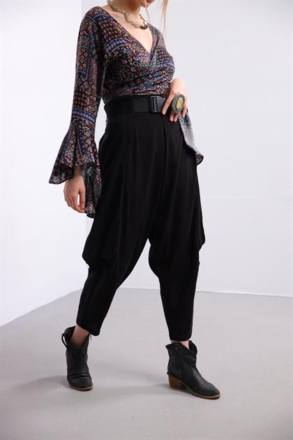 Siyah Ağı Düşük Kemer Detay Şalvar Pantolon - Şaman Butik - Bohem Giyim ve Aksesuar | Kadın & Erkek Siyah Ağı Düşük Kemer Detay Şalvar Pantolon