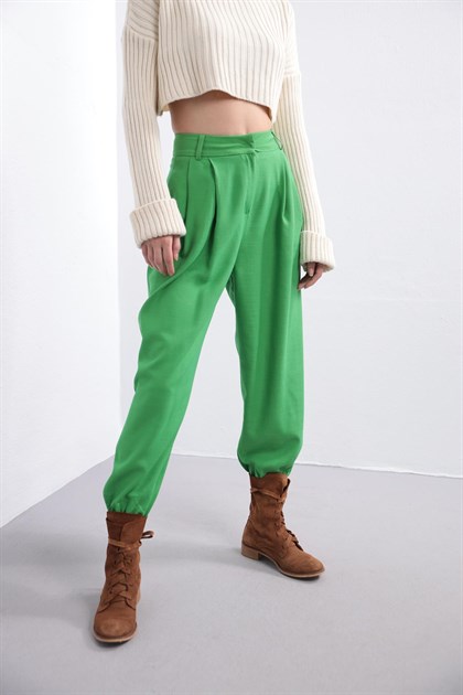 Yeşil Paçası Lastikli Pantolon - Şaman Butik Yeşil Paçası Lastikli Pantolon