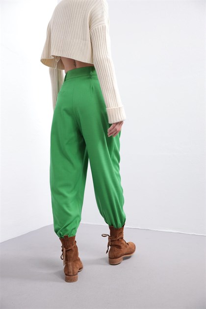 Yeşil Paçası Lastikli Pantolon - Şaman Butik Yeşil Paçası Lastikli Pantolon
