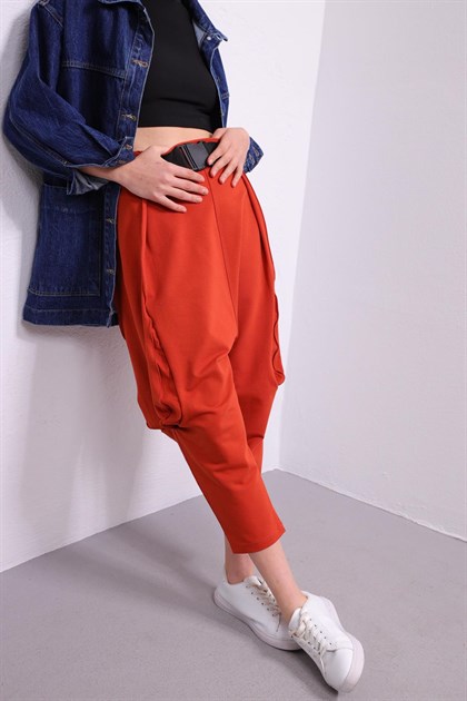 Brick Red Belted Drop Crotch Trousers - Saman Butik | Shop Online Brick Red Belted Drop Crotch Trousers