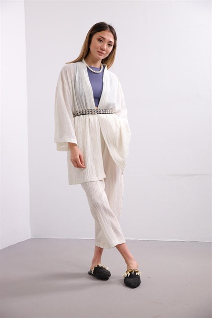 Beyaz Gofre Kimono Pantolon Takım - Şaman Butik - Bohem Giyim ve Aksesuar | Kadın & Erkek Beyaz Gofre Kimono Pantolon Takım