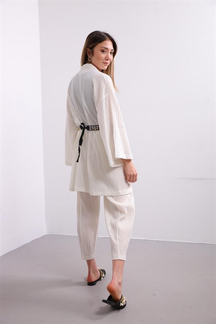 Beyaz Gofre Kimono Pantolon Takım - Şaman Butik - Bohem Giyim ve Aksesuar | Kadın & Erkek Beyaz Gofre Kimono Pantolon Takım