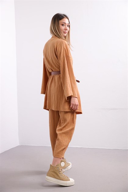 Camel Gofre Kimono Pantolon Takım - Şaman Butik - Bohem Giyim ve Aksesuar | Kadın & Erkek Camel Gofre Kimono Pantolon Takım