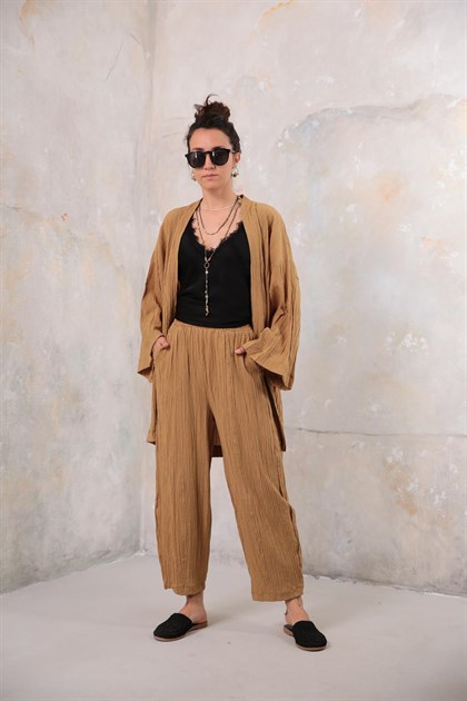 Hardal Gofre Kimono Pantolon Takım - Şaman Butik Hardal Gofre Kimono Pantolon Takım