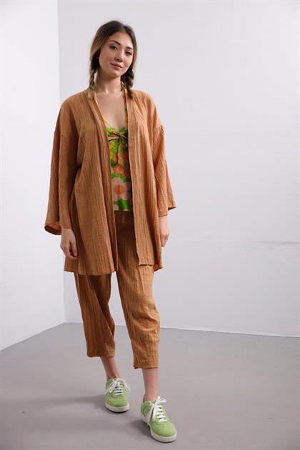 Hardal Gofre Kimono Pantolon Takım - Şaman Butik - Bohem Giyim ve Aksesuar | Kadın & Erkek Hardal Gofre Kimono Pantolon Takım
