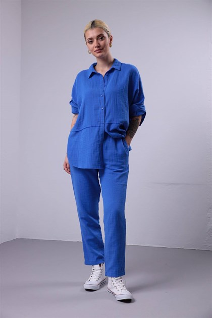 İndigo Mavi Gömlek ve Pantolon Takım - Şaman Butik İndigo Mavi Gömlek ve Pantolon Takım