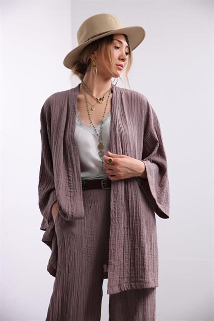 Mink Seersucker Kimono Trousers Set - Saman Butik | Shop Online Mink Seersucker Kimono Trousers Set