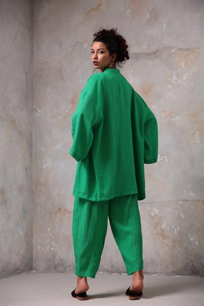 Green Seersucker Kimono Trousers Set - Saman Butik | Shop Online Green Seersucker Kimono Trousers Set