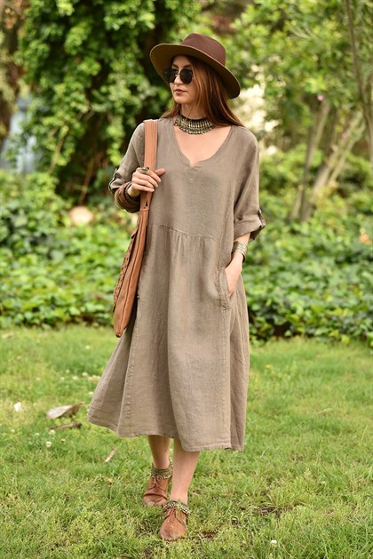 Mink Linen Midi Dress - Şaman Butik | Boho Fashion