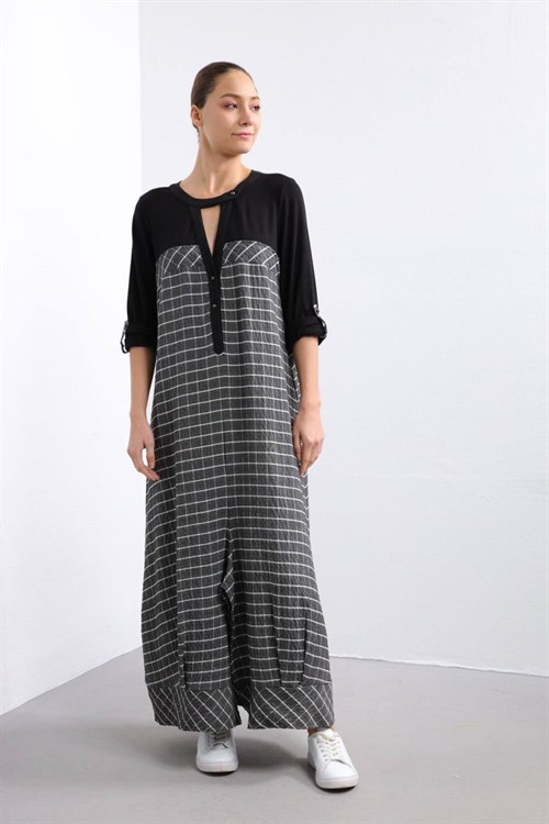 Black Check Pattern Loose Fit Jumpsuit - Saman Butik | Shop Online Black Check Pattern Loose Fit Jumpsuit