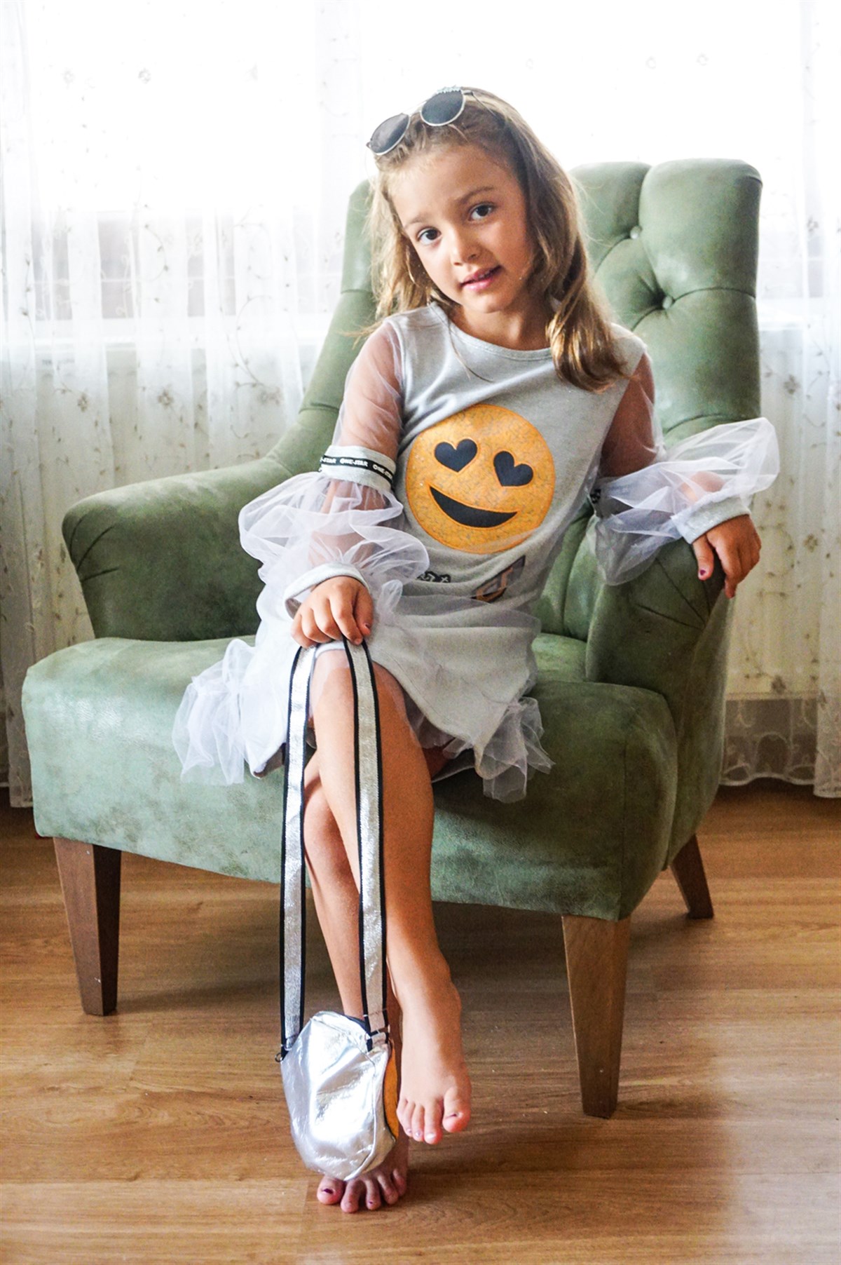 Emoji desenli, Tül Kaplı Çocuk Elbisesi