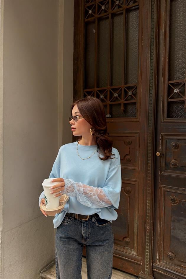 Dantel Kollu Bluz Mavi