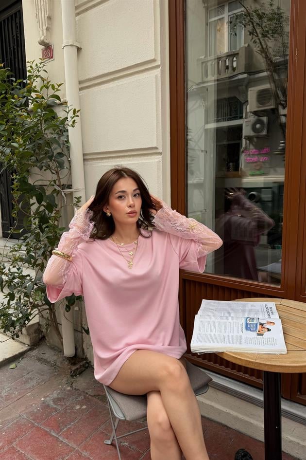 Dantel Kollu Bluz Pembe