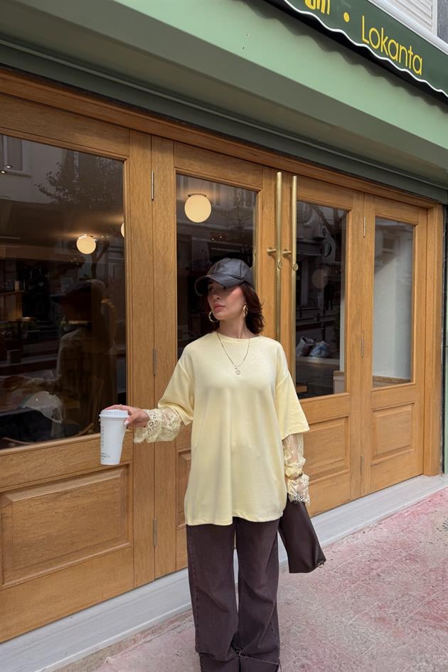 Dantel Kollu Bluz Sarı