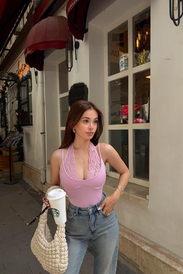 Dantel Yaka Çıtçıtlı Bodysuit Pembe