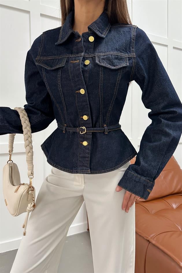Gold Düğmeli Kemerli Denim Ceket Lacivert