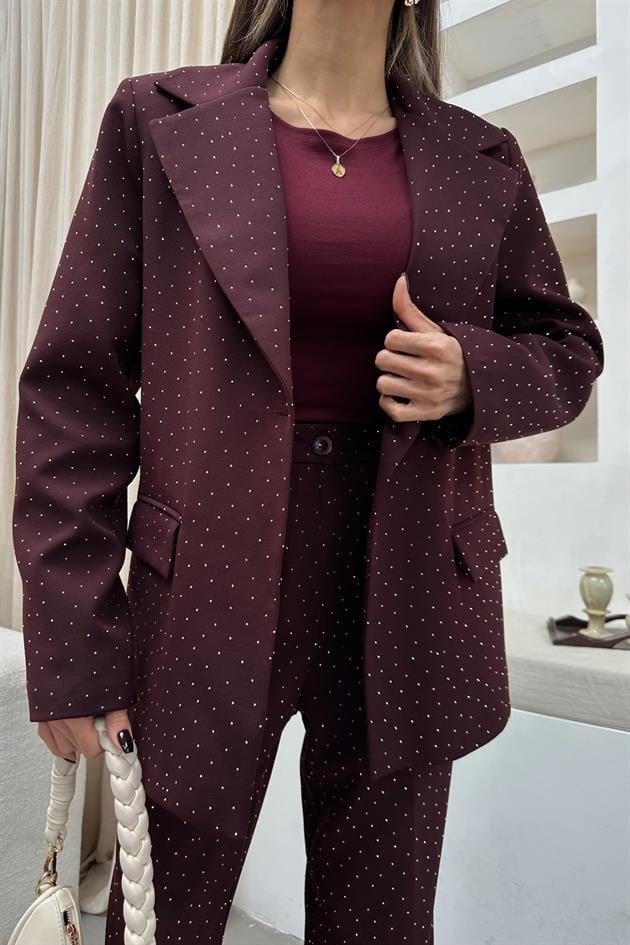 Taşlı Blazer Ceket Bordo