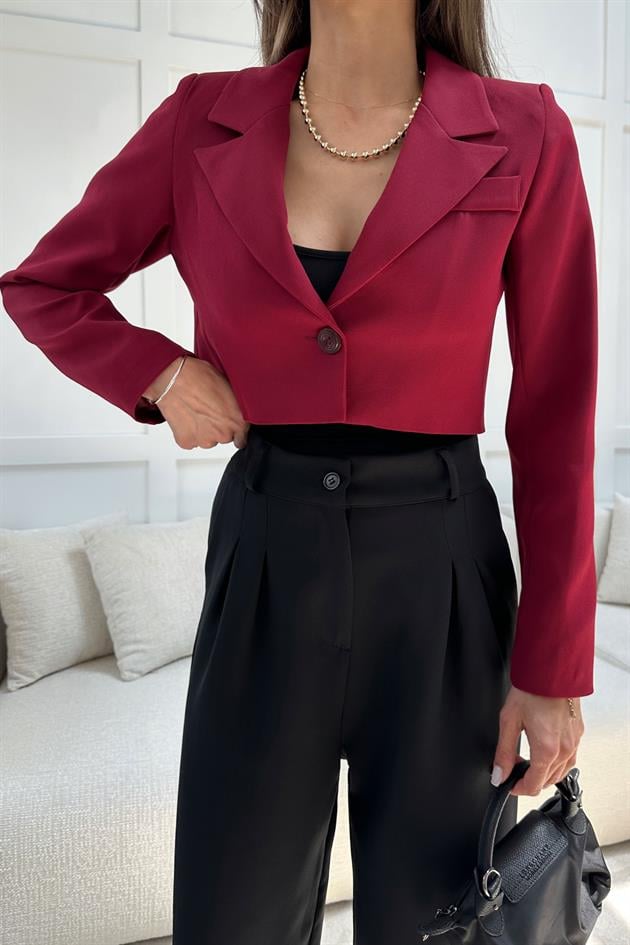 Tek Düğme Crop Ceket Bordo