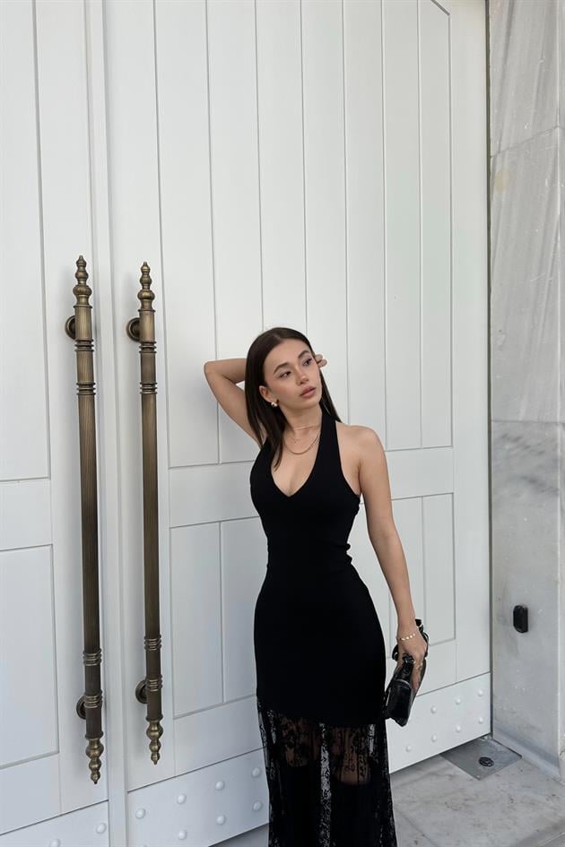 Boyundan Bağlamalı Dantel Etek Elbise Siyah