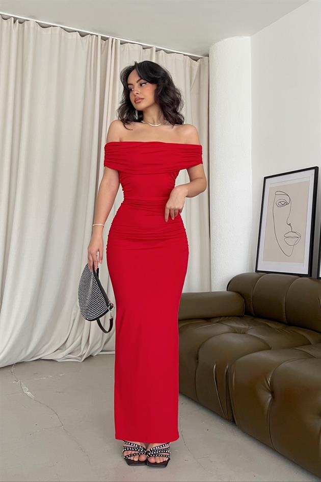 Carmen Yaka Drape Saten Elbise Kırmızı