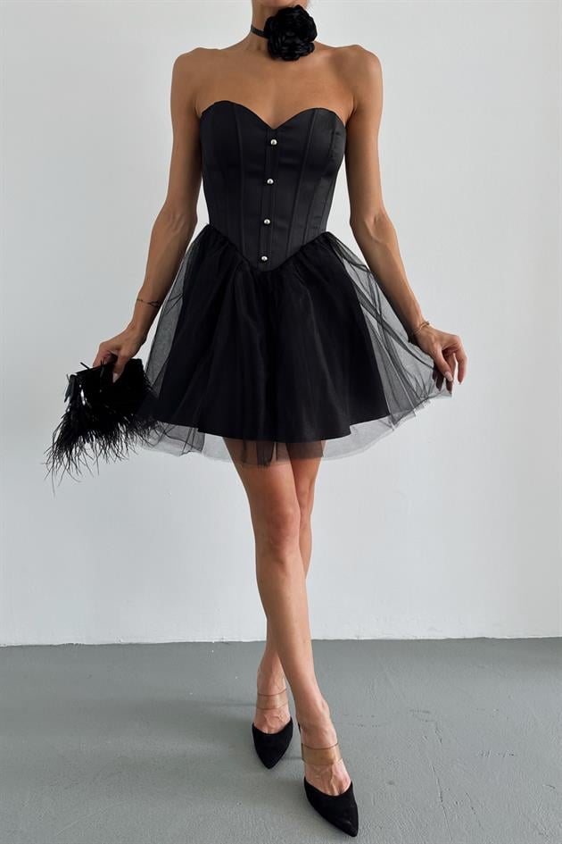 Korsaj Straplez Premium Elbise Siyah