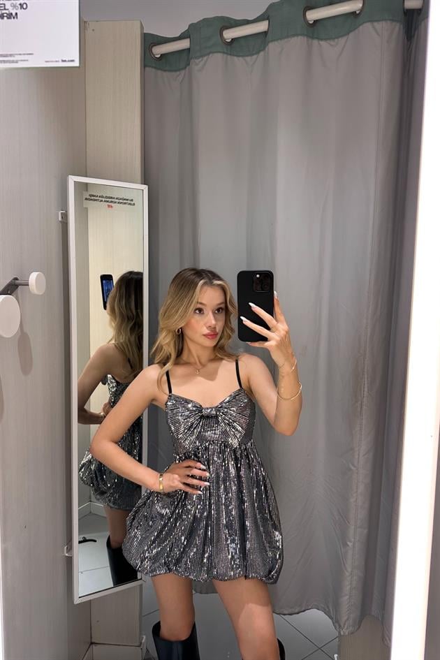 Payetli Balon Elbise Gümüş