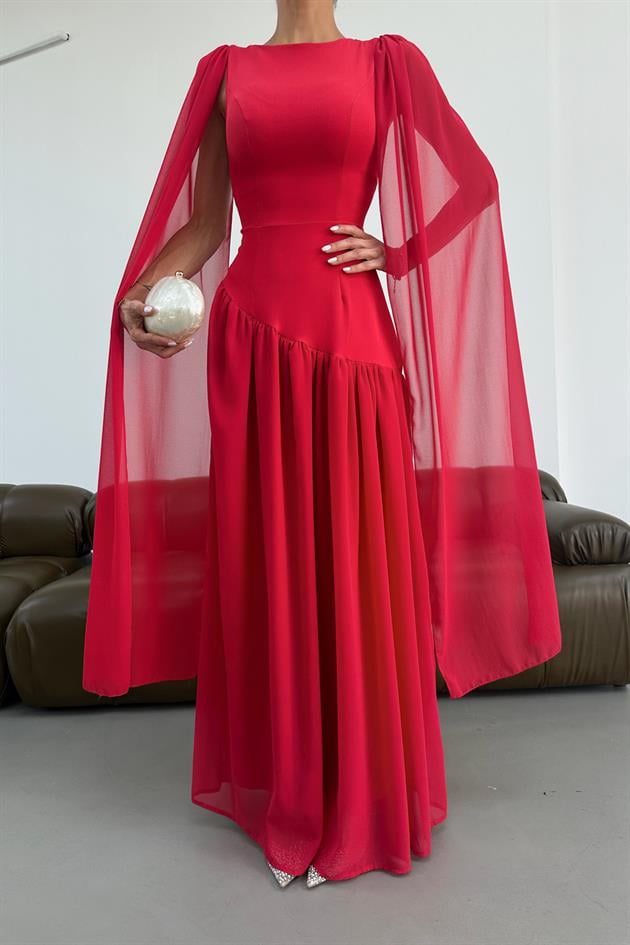 Pelerin Tül Kol Elbise Kırmızı