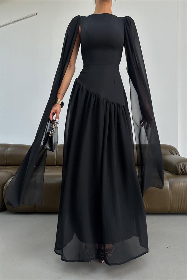 Pelerin Tül Kol Elbise Siyah