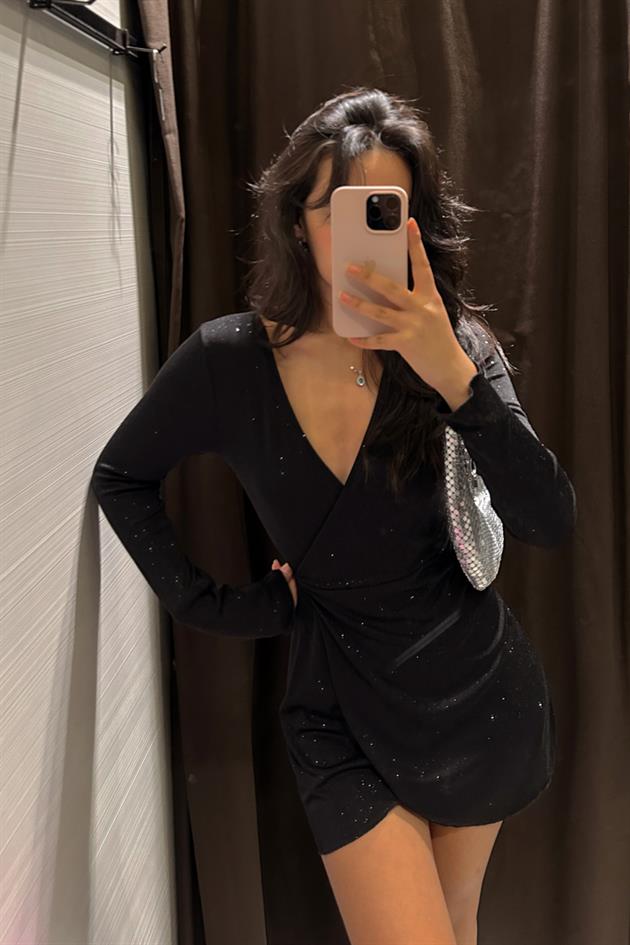 Simli Kruvaze Celeana Elbise Siyah