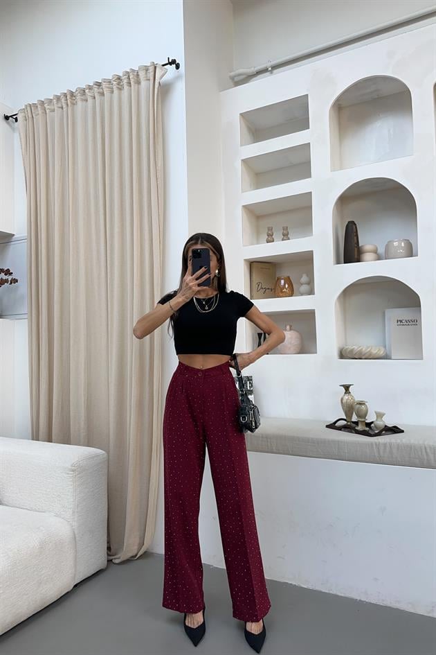 Pileli Taşlı Palazzo Pantolon Açık Bordo