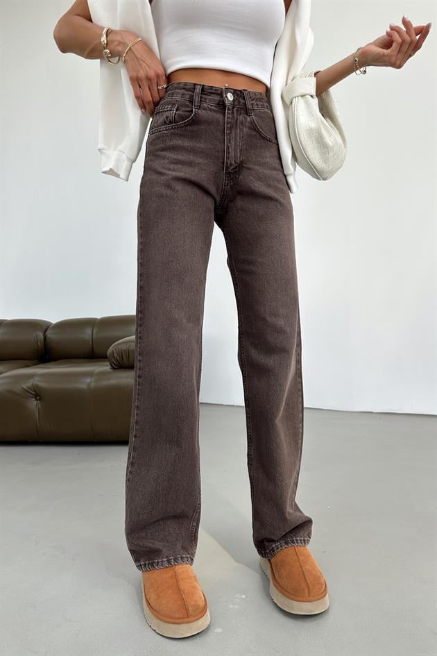 Yıkamalı Wide Leg Jean Kahve