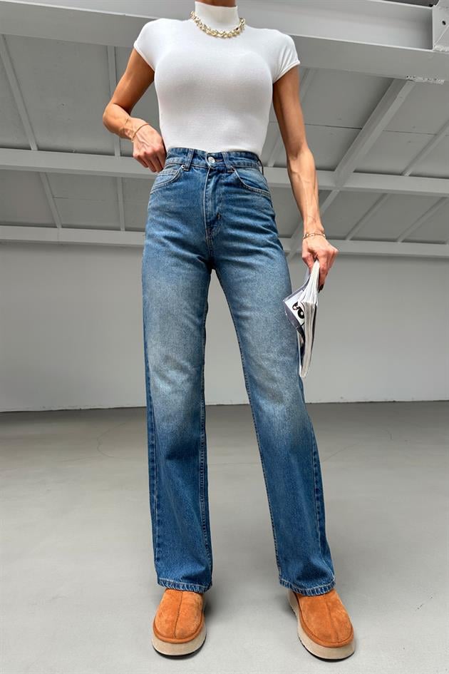 Yüksek Bel Straight Jean Mavi
