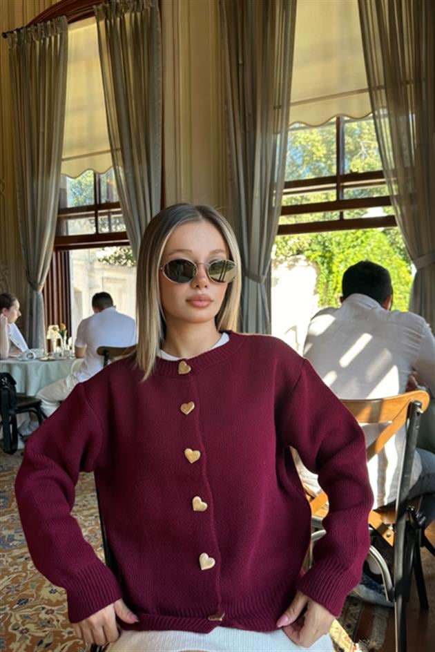 Kalp Düğmeli Hırka Bordo