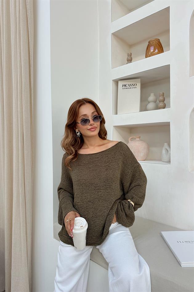 Kayık Yaka Salaş Triko Haki