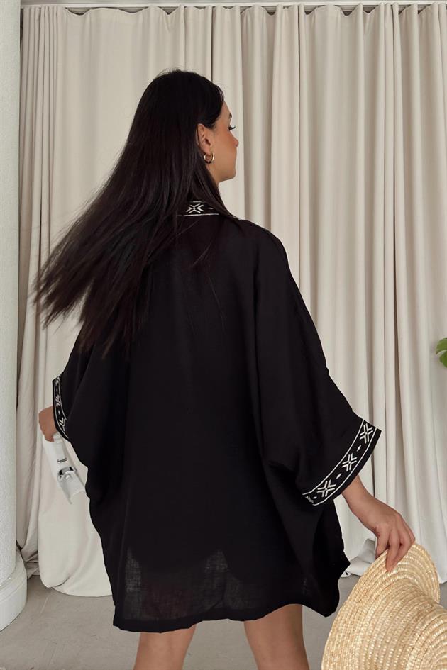 Etnik İşlemeli Keten Kimono Siyah