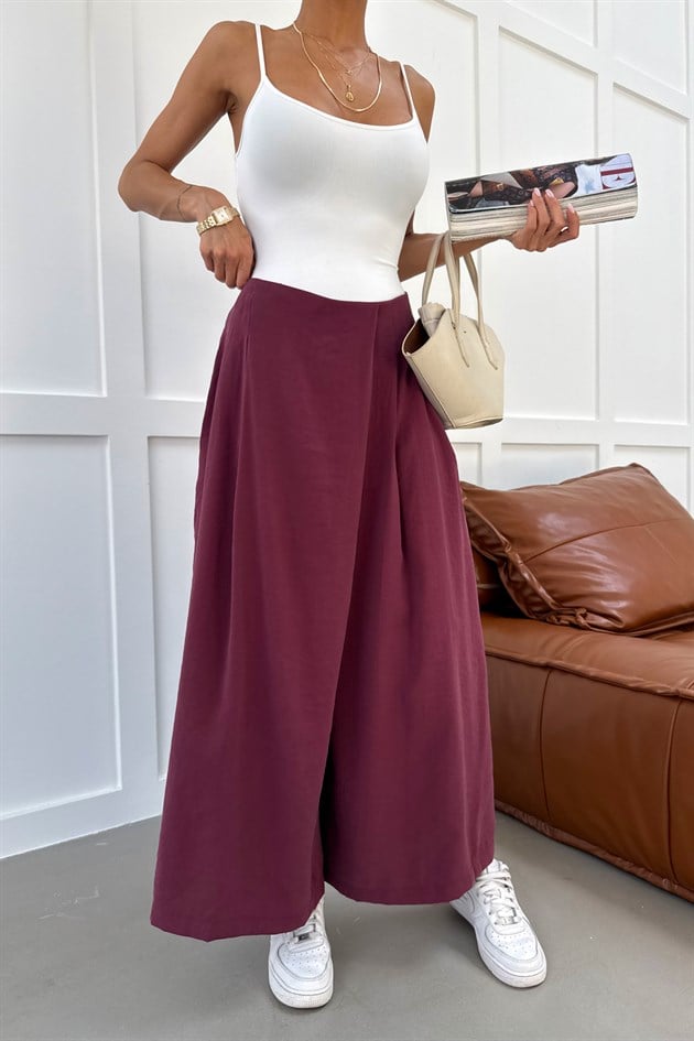 Pile Detaylı Etek  Pantolon Bordo Pant