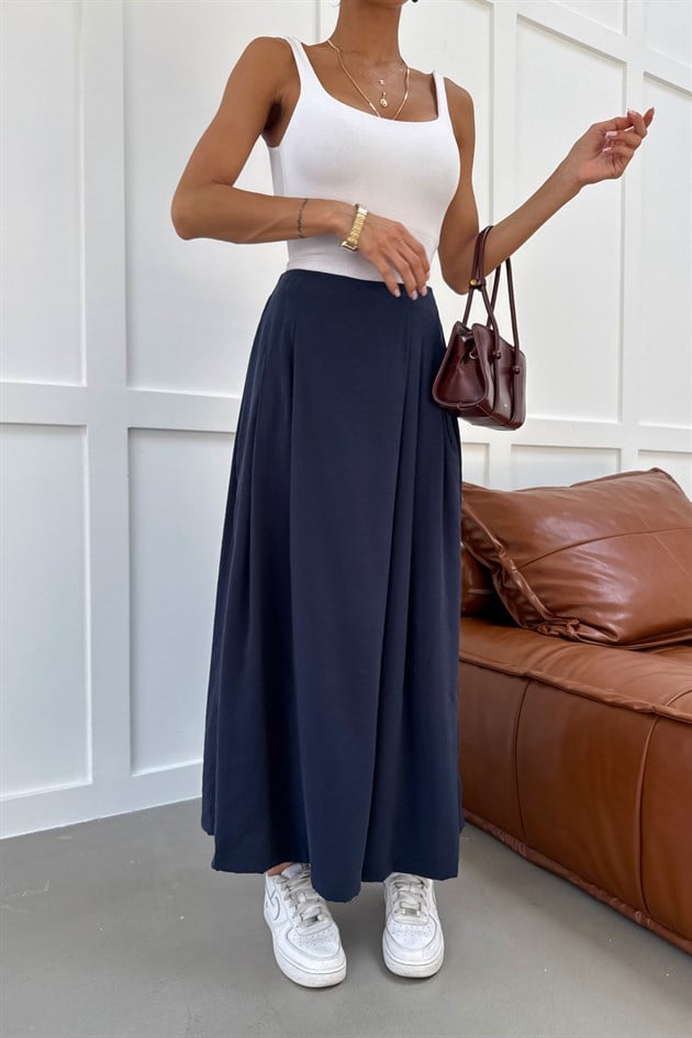 Pile Detaylı Etek  Pantolon Lacivert Pant
