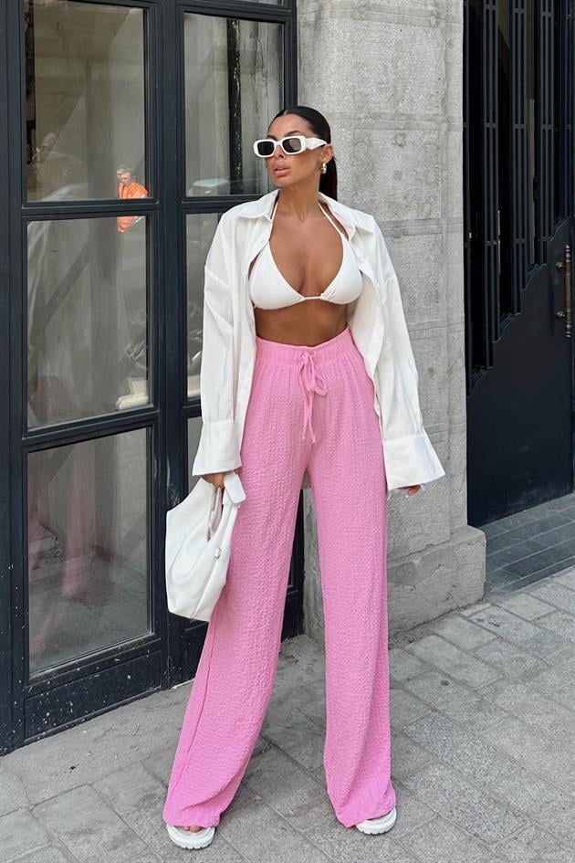 Elastik Belli Gofre Salaş Pantolon Pembe