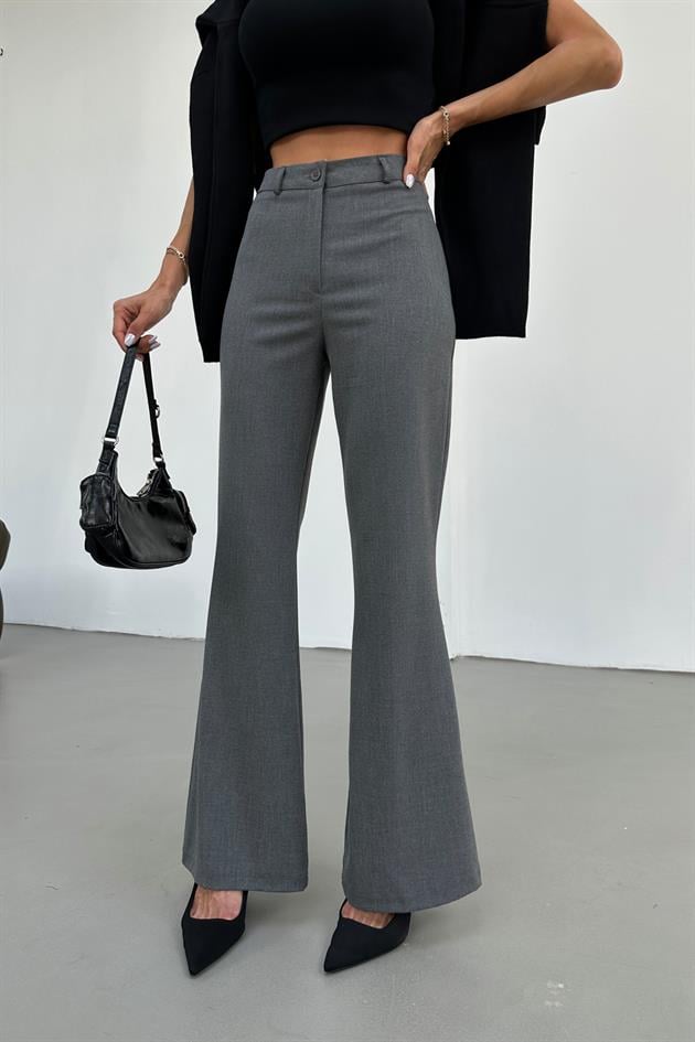 İspanyol Paça Poliviskon Pantolon Koyu Gri