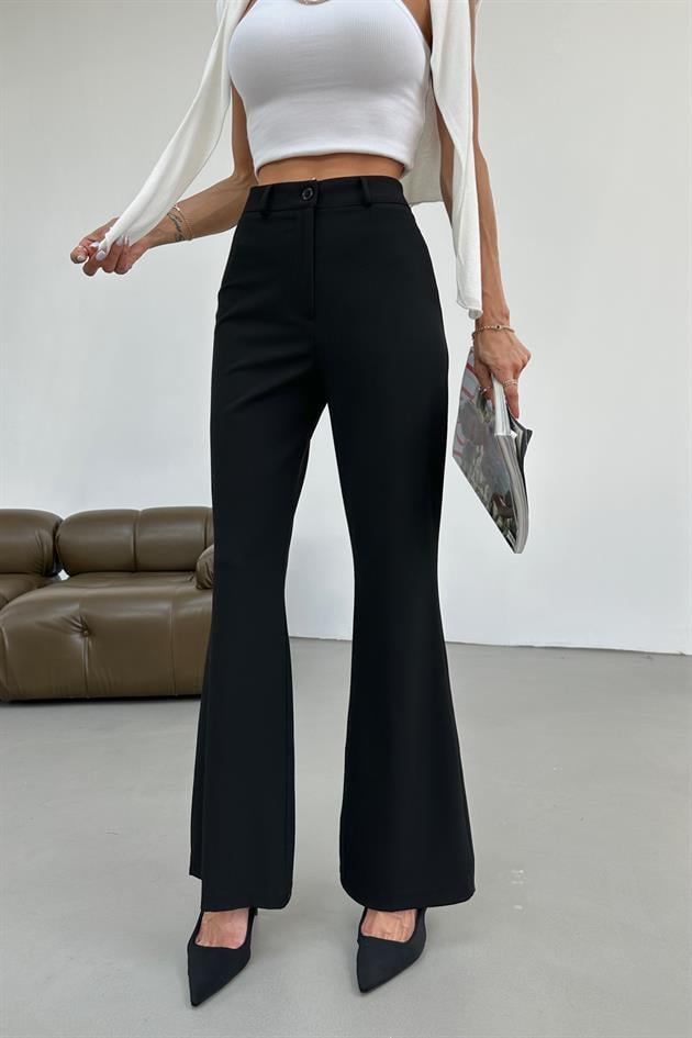İspanyol Paça Poliviskon Pantolon Siyah